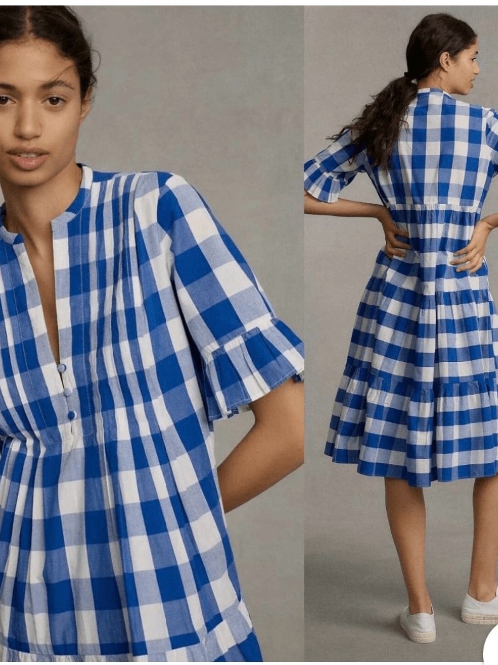 WHIT Two (Anthropology)Blue and White Gingham Tiered Midi Dress